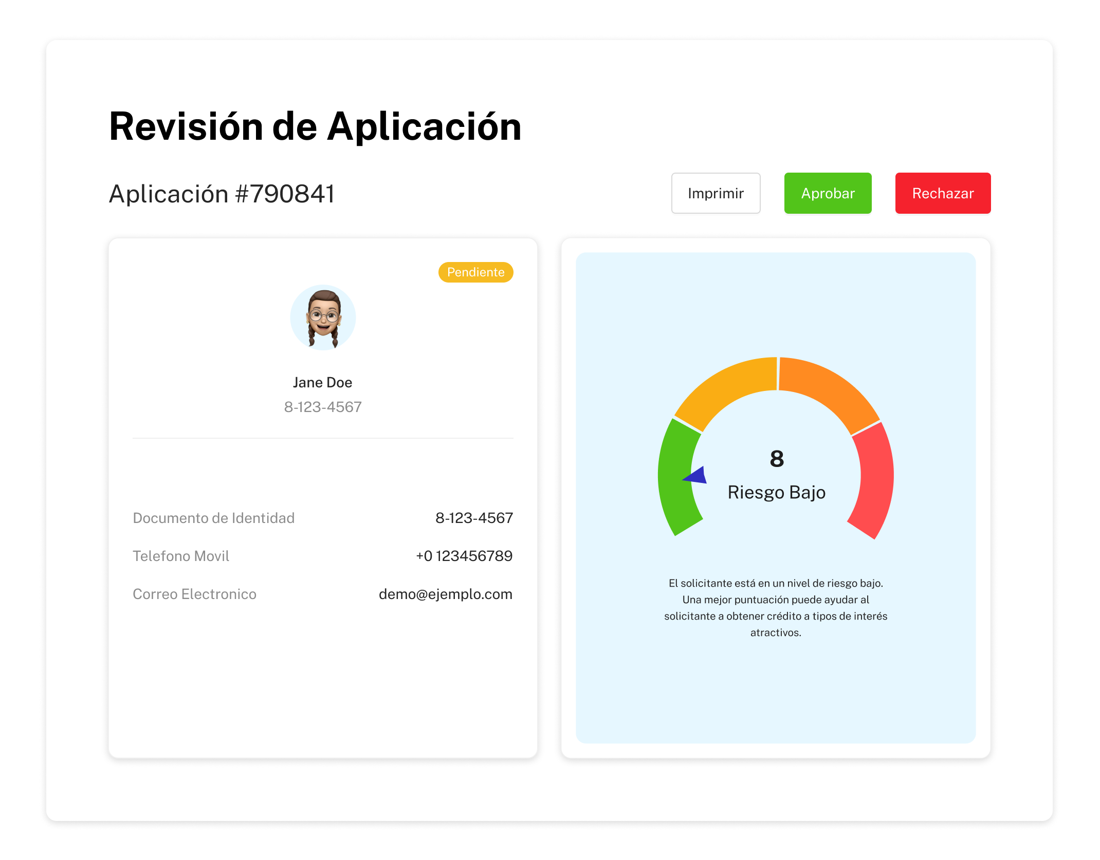 Vistazo de como se ve parte de la pagina de “revisión de aplicación” que muestra datos generales y la calificación de riesgo del usuario